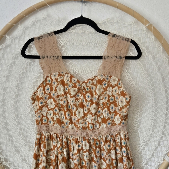 Floral-Print Lace-Trimmed Cotton Twill Midi Dress in Brown Cottagecore Prarie M - Picture 8 of 13